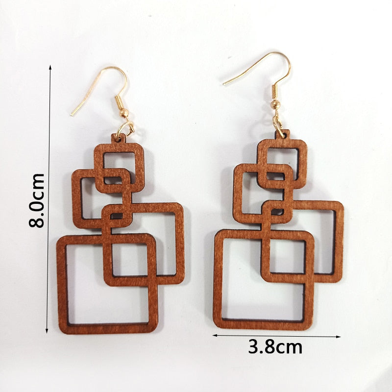 Ethnic Women Wooden Earrings  Geometric Square