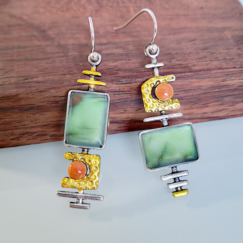 Vintage Square Green and Orange Stone Earrings