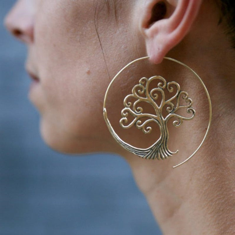 Large Gold Plated Spiral Tree of Life Earrings