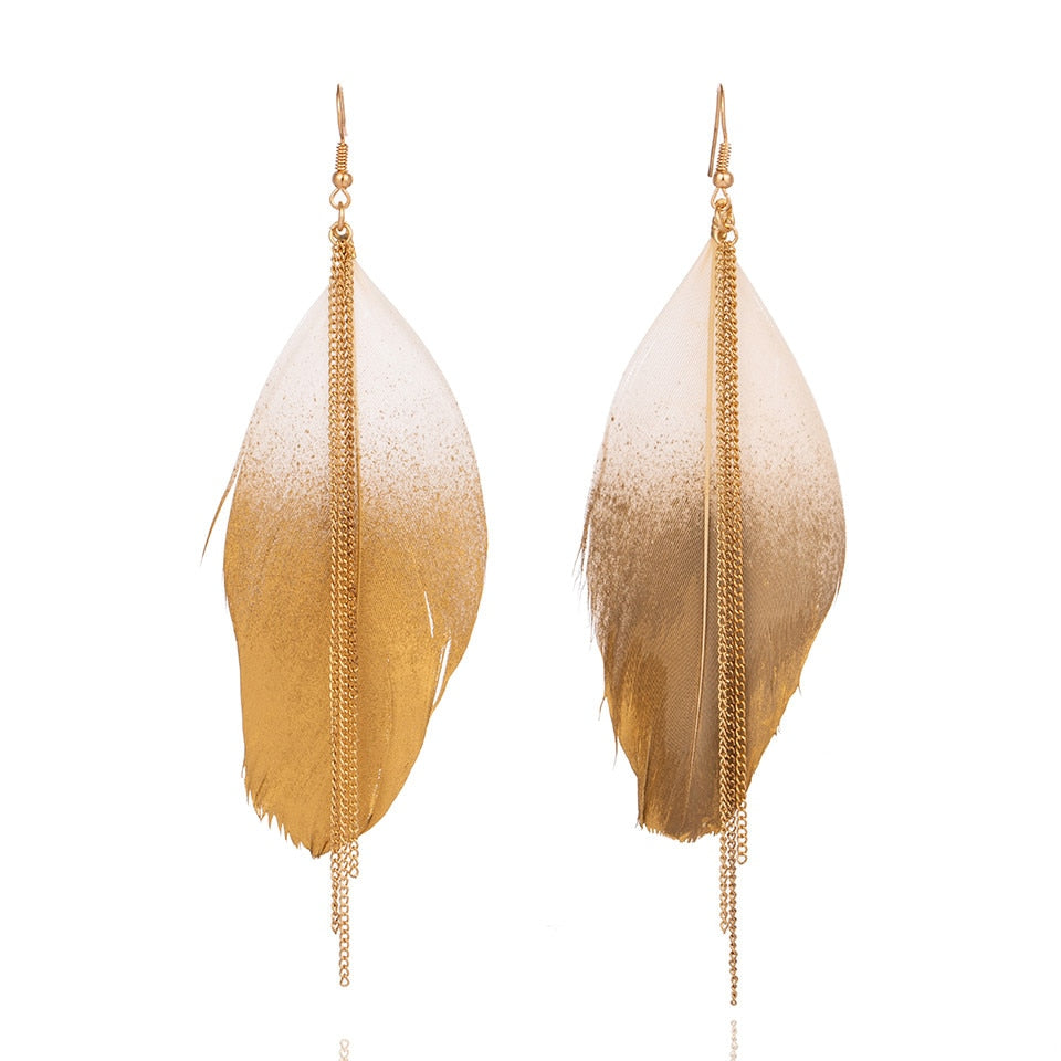 Gypsy Boho Natural Feather Dangle Hanging Drop Earrings