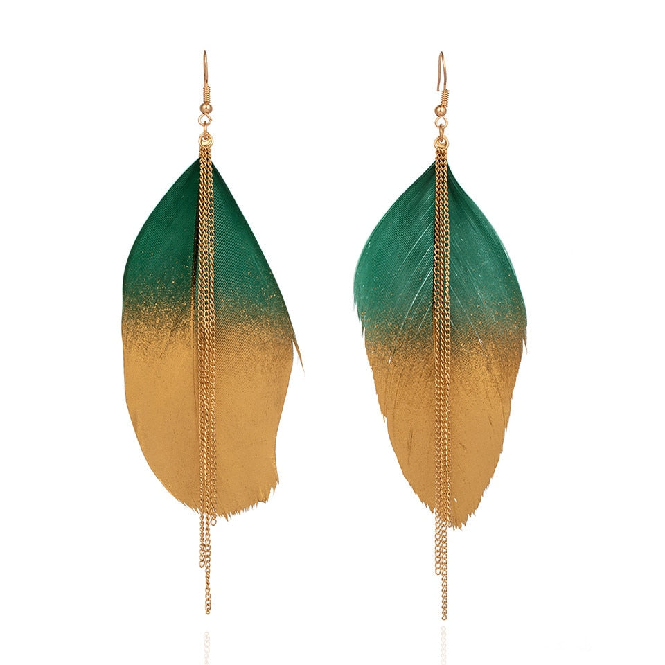 Gypsy Boho Natural Feather Dangle Hanging Drop Earrings