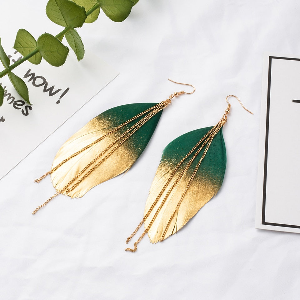 Gypsy Boho Natural Feather Dangle Hanging Drop Earrings