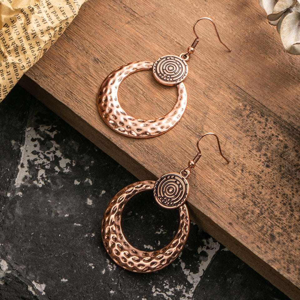 Rose Golden Matt Golden Circle Round Dangle Drop Earrings