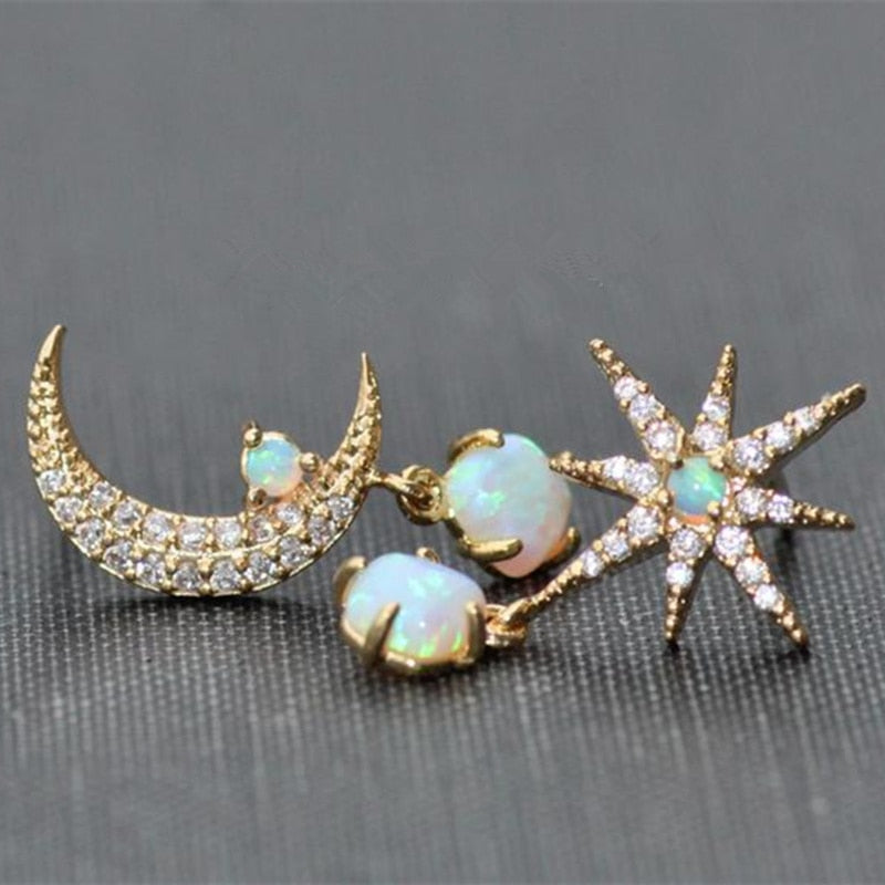 Tiny Opal Moon and Star Stud Earring