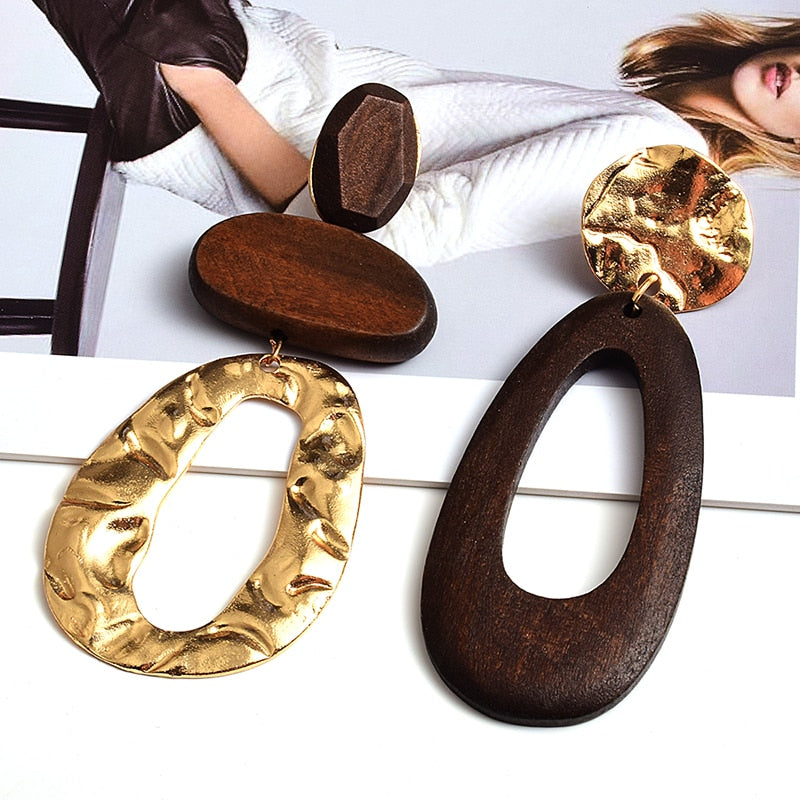 Wooden  Statement Big Drop Earrings