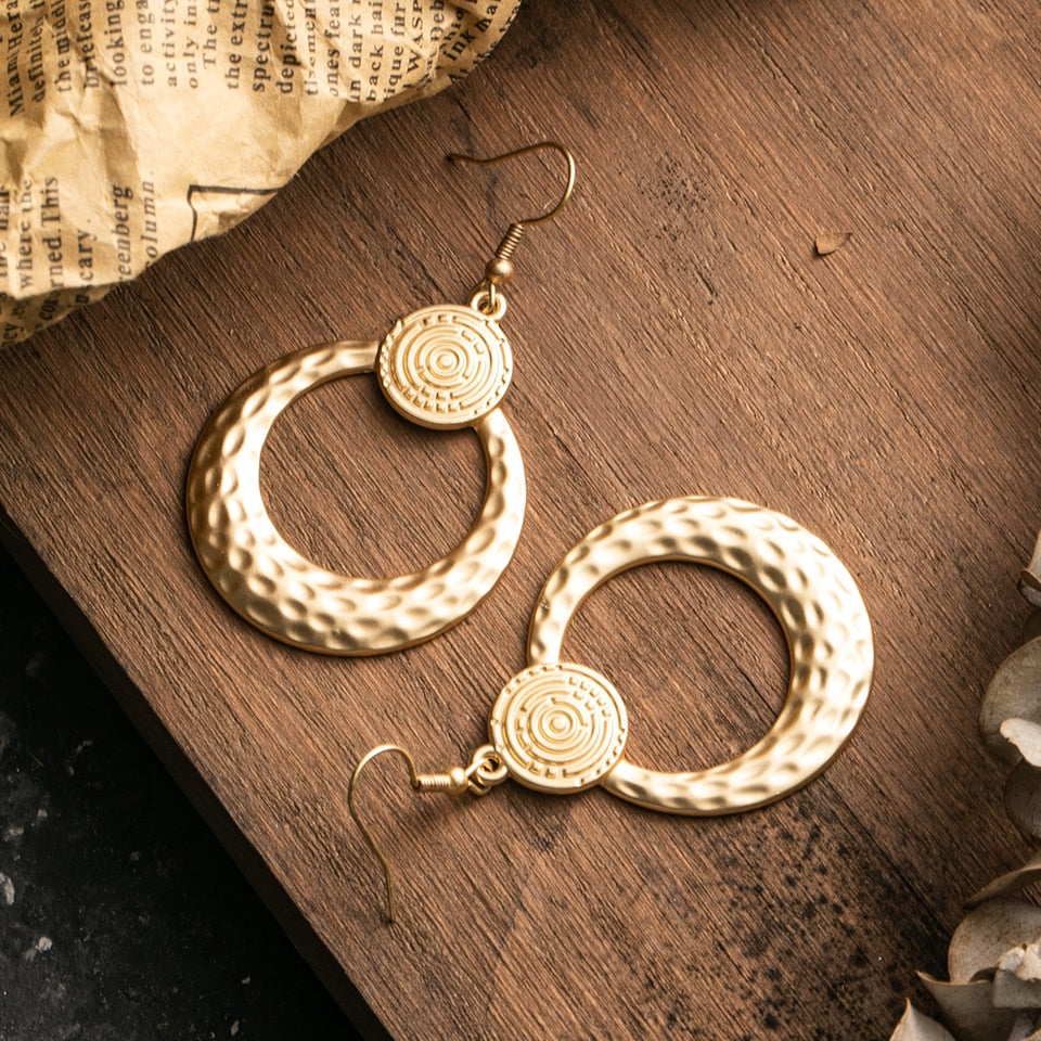 Rose Golden Matt Golden Circle Round Dangle Drop Earrings