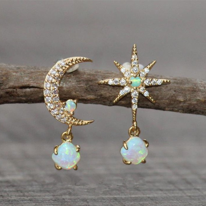 Tiny Opal Moon and Star Stud Earring
