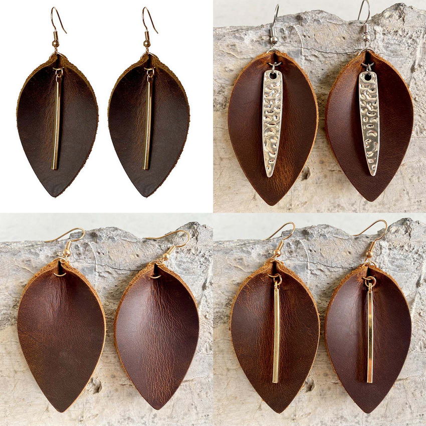 Metal Bar Leather Leaves Earrings