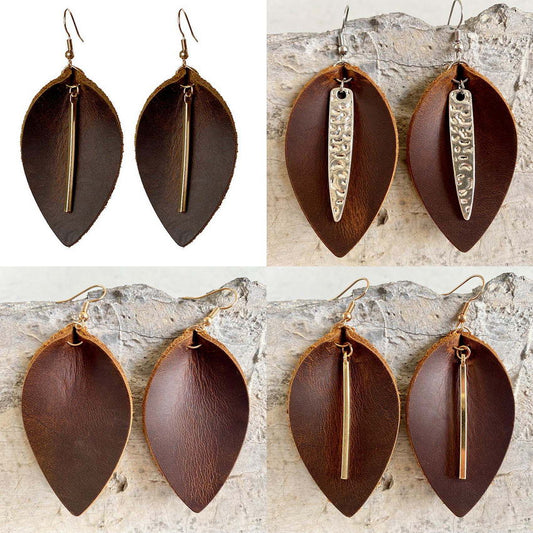 Metal Bar Leather Leaves Earrings
