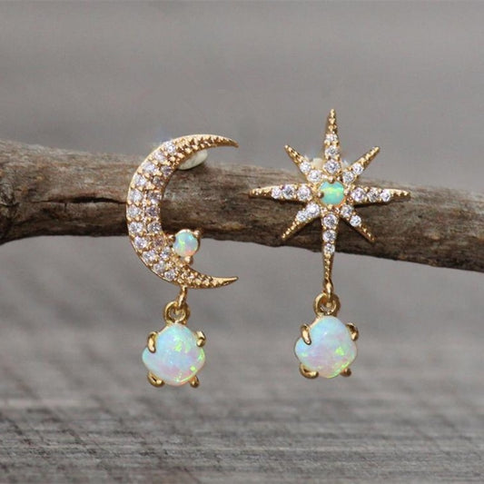 Tiny Opal Moon and Star Stud Earring
