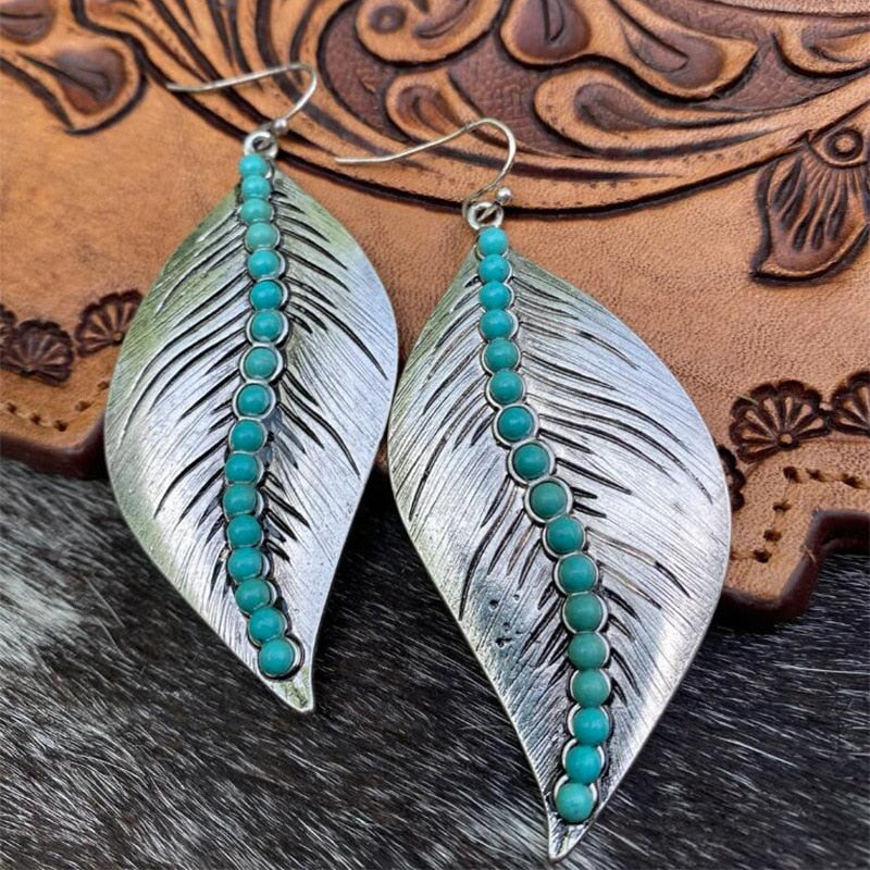 Bohemian Blue Beads Natural Stone Carved Leaf Earrings