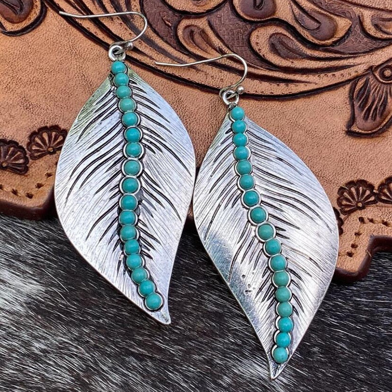 Bohemian Blue Beads Natural Stone Carved Leaf Earrings
