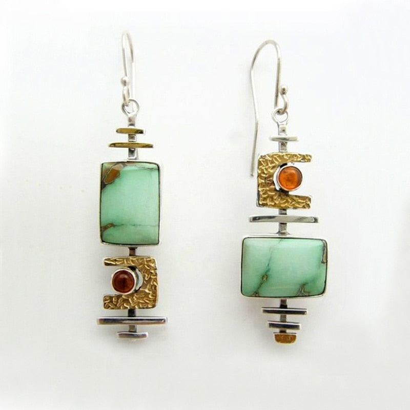 Vintage Square Green and Orange Stone Earrings