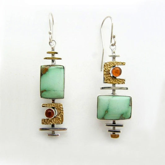 Vintage Square Green and Orange Stone Earrings