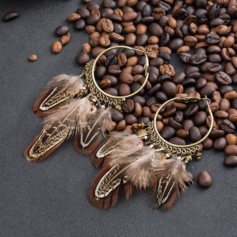Boho Exaggerate Brown Feather Tassel Pendant Earrings